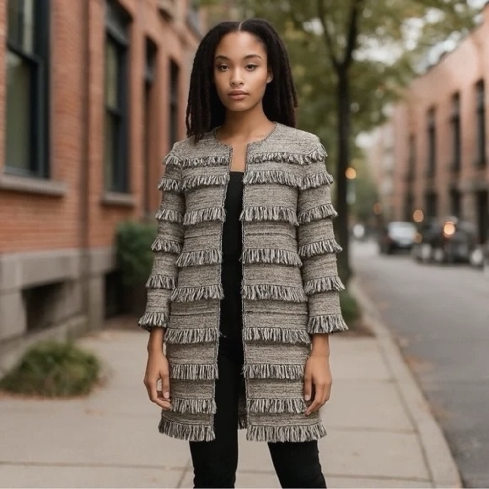 Intermix Layered Fringe Coat Lined in Silk